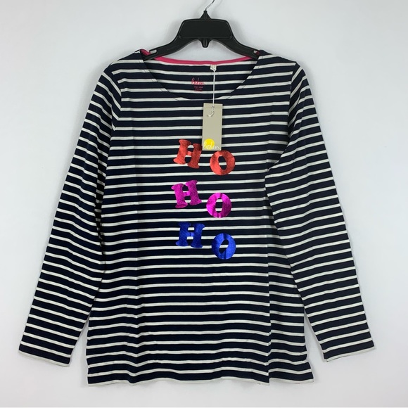Boden NWT Navy Stripe Christmas Breton Metallic Foil Graphic Tee - Picture 2 of 7